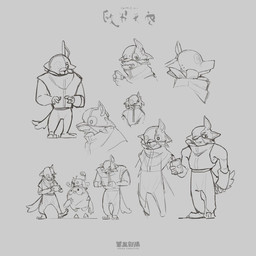 clothed clothing group machine male mask one_ear simple_background trio ariescreative omi_sky avian bird canid canine canis mammal owl robot wolf 1:1 hi_res model_sheet official_art
