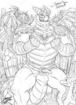 anthro arm_spikes cheek_spikes chin_spikes clothed clothing duo facial_spikes feral front_view grass horn male muscular muscular_anthro muscular_male open_mouth outside overweight overweight_anthro overweight_male palm_tree plant side_view spikes spikes_(anatomy) standing tree crazydrak activision mythology spyro_the_dragon bubba_(spyro) spyro dragon mythological_creature mythological_scalie scalie hi_res monochrome