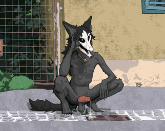 animal_genitalia anthro arm_on_leg balls black_balls black_body black_fur bodily_fluids bone building canine_genitalia claws crouching dominant door_handle dripping erection fangs finger_claws front_view fur gate genital_fluids genitals head_on_hand head_tilt jewelry knot leaking_precum looking_at_viewer male mane necklace nipples open_mouth outside penis plant precum precum_drip precum_on_ground precum_string presenting presenting_balls presenting_penis saggy_balls sidewalk skull skull_head smile solo spread_legs spreading tail teeth toony white_eyes window hotdogmeat malachai_(hotdogmeat) canid canine mammal monster 2025 absurd_res digital_media_(artwork) hi_res
