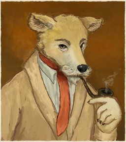 accessory anthro beard border clothing ears_up eyebrows facial_hair fur jacket looking_at_viewer male mustache necktie pipe red_necktie shirt smoke smoking smoking_pipe solo topwear yellow_body yellow_border yellow_eyes yellow_fur reynard_goodfellow sherlock_holmes canid canine canis domestic_dog mammal