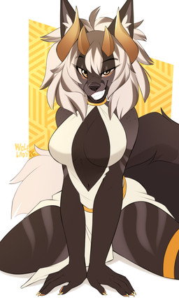 anthro biped breasts claws clothed clothed_anthro clothed_female clothing female fingers front_view hair horn kneeling looking_at_viewer navel simple_background smile solo tail teeth wolflady mammal 2026 3:5 digital_drawing_(artwork) digital_media_(artwork)