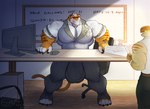 boss clothed clothing detailed_background dialogue electronics machine male milking_machine monitor muscular office role_reversal size_difference small_dom_big_sub entitropy assistant oscar_pandesal_(entitropy) felid feline mammal pantherine tiger absurd_res hi_res signature