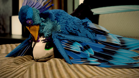 ambiguous_gender anthro beak bed bedroom blue_body blue_eyes blue_feathers blue_sclera bodily_fluids cuddling duo feathers fur furniture green_eyes green_sclera grey_body grey_fur licking loafing lying lying_on_bed male male/ambiguous on_bed purple_body purple_skin purple_tongue saliva saliva_string scuted_hands scutes semi-anthro tongue tongue_out wings decary the_nature_of_predators bram_(bramnonix) nohklu avian krakotl_(the_nature_of_predators) venlil_(the_nature_of_predators) 16:9 3d_(artwork) 4k absurd_res blender_(artwork) blender_cycles_(artwork) digital_media_(artwork) hi_res huge_filesize widescreen
