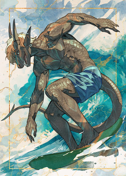 2_horns 5_fingers 5_toes abs anthro athletic athletic_anthro blonde_hair blue_clothing blue_swimming_trunks blue_swimwear claws clothed clothing ear_piercing ear_ring feet fingers grey_body grey_scales hair horn looking_at_viewer male open_mouth open_smile pecs piercing plantigrade ring_piercing scales sharp_teeth smile solo surfboard surfing swimming_trunks swimwear swimwear_only tail teeth toes topless topless_anthro topless_male water wave ama_dench_art mythology moss_darke dragon mythological_creature mythological_scalie scalie 2024 digital_media_(artwork) hi_res signature