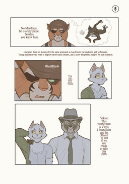 anthro black_body black_fur blush bodily_fluids cheek_tuft chest_tuft clothing dialogue eye_patch eyewear facial_tuft fur green_body green_scales grey_body grey_fur grey_necktie group hat headgear headwear imagination male necktie nervous nervous_smile nude orange_body orange_fur scales shirt sweat sweatdrop text thought_bubble topwear tuft white_body white_clothing white_fur white_shirt white_topwear yellow_sclera scottdeer lackadaisy atlas_may mordecai_heller viktor_vasko virgil_(lackadaisy) domestic_cat felid feline felis mammal tuxedo_cat absurd_res comic english_text hi_res