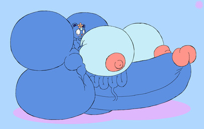 anthro balls big_balls big_breasts big_butt big_penis blue_body blue_fur blush blush_lines bottom_heavy breast_squish breasts buckteeth butt countershade_breasts countershade_face countershading curvy_figure erect_nipples erection eyelashes featureless_feet feet flower_on_head fur genitals geometric_background gynomorph hand_on_breast heart_nose heart_symbol huge_balls huge_breasts huge_butt huge_penis humanoid_genitalia humanoid_penis hyper hyper_balls hyper_breasts hyper_butt hyper_genitalia hyper_penis intersex logo nipples penis simple_background solo squish teeth text thick_thighs vein veiny_penis thatdawgmurray happy_tree_friends petunia_(htf) mammal mephitid skunk absurd_res aliasing artist_logo artist_name digital_media_(artwork) hi_res signature