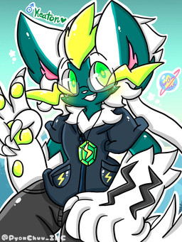 anthro black_body bottomwear clothing evolutionary_stone eyewear fur glasses green_eyes grey_body grey_fur male pants shirt solo thunder_stone topwear whiskers lewdchuu nintendo pokemon keaton_(lewdchuu) generation_7_pokemon legendary_pokemon pokemon_(species) shiny_pokemon zeraora 3:4