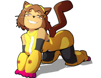 all_fours anthro arm_cannon big_breasts breasts brown_hair clothed clothing eyewear eyewear_on_head female footwear goggles goggles_on_head hair leggings legwear red_eyes smile solo teeth thick_thighs whiskers doylecoati gameoverse glitch_productions kit_bodega domestic_cat felid feline felis mammal 2026 absurd_res digital_media_(artwork) hi_res
