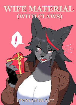 anthro black_hair blush bodily_fluids ears_up female fur grey_body grey_fur hair looking_at_viewer open_mouth red_hair solo speech_bubble sweat sweatdrop teeth teeth_showing text gorgonwriting freya_(gorgonwriting) canid canine canis mammal wolf cover hi_res
