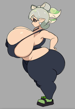 areola_outline big_breasts big_butt black_bottomwear black_bra black_clothing black_footwear black_pants black_sandals black_sports_bra black_underwear black_yoga_pants bottomwear bra breasts brown_eyes butt clothing ear_piercing eyebrows eyelashes female footwear green_clothing green_footwear green_socks grey_background grey_eyebrows grey_hair hair hand_on_butt hand_on_own_butt huge_breasts huge_butt humanoid_pointy_ears hyper hyper_breasts not_furry pants piercing pointy_ears pseudo_hair sandals shoes side_view simple_background socks socks_with_sandals solo sports_bra tan_body tan_ears tan_skin tentacle_hair tentacles thick_thighs underwear yoga_pants lotxolt nintendo splatoon marie_(splatoon) animal_humanoid aquatic aquatic_humanoid cephalopod cephalopod_humanoid humanoid inkling mollusk mollusk_humanoid 2026 cel_shading colored digital_media_(artwork) hi_res shaded