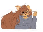 2024 5_fingers anthro apogee_(tinygaypirate) bridge_piercing brown_eyes brown_hair canid canine canis cheek_piercing clothed clothed_anthro clothed_female clothing domestic_dog ear_piercing ear_ring facial_piercing female fingers front_view hair hi_res hoodie inner_ear_fluff long_hair looking_at_viewer mammal neck_tattoo nose_piercing one_ear_up one_eye_closed piercing ring_piercing simple_background smile solo tattoo tinygaypirate topwear tuft white_background