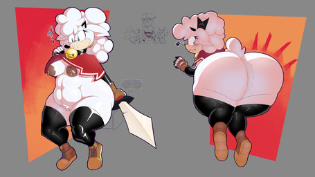 annoyed anthro areola bell bell_collar belly big_areola big_butt black_horn blue_eyes blush blush_lines boots brown_areola brown_boots brown_clothing brown_footwear brown_gloves brown_handwear brown_nipples butt cloak clothing collar cosplay crossover_cosplay eyelashes female fingerless_gloves footwear front_view frown fur genitals gloves grey_background handwear holding_melee_weapon holding_object holding_sword holding_weapon horn huge_butt jingle_bell jingle_bell_collar legwear looking_back melee_weapon mostly_nude navel nipple_piercing nipples overweight overweight_anthro overweight_female piercing rear_view red_cloak red_clothing shoes simple_background solo sword tan_body tan_fur tan_nose thick_thighs thigh_highs vulva weapon white_body white_fur wide_hips justelm25 cult_of_the_lamb idw_publishing massive_monster_(studio) sega sonic_the_hedgehog_(comics) sonic_the_hedgehog_(idw) sonic_the_hedgehog_(series) dr._eggman lamb_(cult_of_the_lamb) lanolin_the_sheep_(sonic) sonic.exe tangle_the_lemur whisper_the_wolf bovid caprine mammal sheep 16:9 4k absurd_res crossover hi_res widescreen