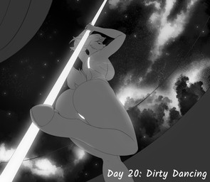 anthro big_breasts bikini breasts clothed clothing female horn nebula pole simple_background solo space space_station strip_club stripper stripper_pole swimwear text two-piece_swimsuit window thehuskylord kinktober auri_(thehuskylord) bovid caprine goat mammal english_text hi_res monochrome