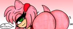 accessory anthro big_butt butt clothed clothing dialogue dress female green_eyes hair_accessory hairband looking_back no_underwear pink_body smile solo speech_bubble tail teasing inkyneko sega sonic_the_hedgehog_(series) amy_rose eulipotyphlan hedgehog mammal hi_res