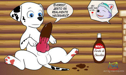 animal_genitalia animal_penis balls big_penis black_body black_fur black_spots blue_eyes bodily_fluids candy canine_genitalia canine_penis chocolate chocolate_sauce chocolate_syrup dessert dialogue duo erection female feral food food_fetish food_play fur genital_fluids genitals grey_body grey_fur knot male male/female markings offscreen_character pawpads penis precum sitting small_but_hung solo_focus speech_bubble spots spotted_body spotted_fur text white_body white_fur young young_feral young_male marvispot84 paw_patrol everest_(paw_patrol) marshall_(paw_patrol) canid canine canis dalmatian domestic_dog husky mammal nordic_sled_dog siberian_husky spitz 2021 absurd_res hi_res huge_filesize spanish_text translated