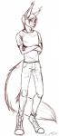 anthro biped bottomwear clothed clothing crossed_arms digitigrade footwear fully_clothed hair looking_at_viewer male pants shirt solo standing topwear formalinov felid feline lynx mammal hi_res monochrome sketch