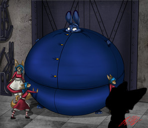 anthro belly belly_expansion big_belly big_cheeks black_clothing black_eyebrows black_footwear black_nose black_shoes blue_body blue_bottomwear blue_clothing blue_ears blue_eyes blue_hair blue_inner_ear blue_nose blue_pants blue_shirt blue_topwear blueberry_inflation body_inflation bottomwear clothing cosplay crossover_cosplay dress expansion eyebrows eyelashes eyes_closed factory female footwear group hair hand_on_another's_belly hand_on_belly huge_belly hyper hyper_belly hyper_inflation immobile inflation inside legwear male pants pattern_clothing pattern_footwear pattern_legwear pattern_socks red_clothing red_dress red_footwear red_socks round_body shirt shoes silhouette smile smiling_at_another socks spherical_inflation striped_clothing striped_footwear striped_socks stripes swollen_cheeks tail tan_body tan_ears tan_tail three-quarter_view tight_clothing topwear white_clothing white_footwear white_inner_ear white_socks mitsi1991 charlie_and_the_chocolate_factory disney zootopia judy_hopps nick_wilde violet_beauregarde canid canine european_rabbit fennec_fox fox lagomorph leporid mammal oryctolagus rabbit red_fox true_fox 2022 colored crossover digital_media_(artwork) hi_res shaded signature
