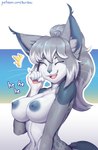 anthro areola athletic big_breasts blue_areola blue_nipples blue_spots breasts ear_tuft emanata eyes_closed female flash_emanata fur grey_body grey_fur grey_hair hair inner_ear_fluff laugh markings navel nipples pawpads pink_pawpads solo spots spotted_body spotted_fur text tuft vocalization whiskers white_body white_fur white_hair ruribec kelly_(ruribec) domestic_cat felid feline felis mammal somali_cat 2022 absurd_res digital_media_(artwork) english_text hi_res url