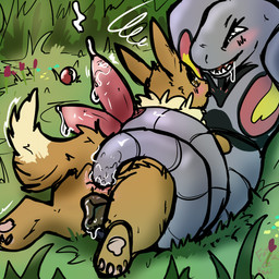 2_penises anal anal_penetration animal_genitalia animal_penis animal_vulva blush bodily_fluids canine_genitalia canine_vulva cloaca cloacal_penis coiling cum duo female female_penetrated feral genital_fluids genitals hemipenes male male/female male_penetrating male_penetrating_female multi_genitalia multi_penis penetration penis pokeball serpentine sex sploot standard_pokeball tail tail_fetish tail_in_ass tail_insertion tail_play tail_sex vaginal_fluids vulva foxvomitarts nintendo pokemon arbok eevee generation_1_pokemon pokemon_(species) reptile scalie snake 1:1 absurd_res hi_res