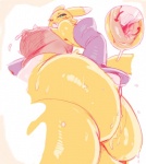 anal anal_fingering anthro anus bandai_namco big_breasts big_butt biped bodily_fluids breasts butt canid canine chest_tuft clothed clothing digimon digimon_(species) female fingering fur looking_down mammal nipples partially_clothed renamon solo standing sunibee sweat tuft yellow_body yellow_fur
