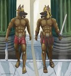 2023 5_fingers 5_toes abs altered_reflection anthro armor athletic athletic_anthro athletic_male backwards_baseball_cap backwards_hat barefoot baseball_cap black_nose black_pawpads bottomwear brown_body brown_fur bulge canid canine canis claws clothed clothing digital_media_(artwork) domestic_dog ears_through_headwear facial_hair feet fingers footwear fur goatee hat headgear headwear helmet herding_dog holding_clothing holding_melee_weapon holding_object holding_shirt holding_sword holding_tank_top holding_topwear holding_weapon humanoid_feet humanoid_hands jacob_caesari leather leather_armor looking_at_reflection male malinois_dog mammal melee_weapon mirror navel nipples pastoral_dog pawpads plantigrade pteruges pubes reflection sampsonwoof sandals sheepdog shirt shorts solo standing story story_in_description sword tank_top teeth text toe_claws toes tongue topless topless_anthro topless_male topwear weapon yellow_eyes