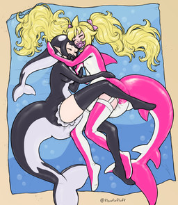 blonde_hair clothing diaper duo female female/female hair holding_each_other holding_partner living_tail long_hair object_in_mouth onesie pacifier pacifier_in_mouth pink_body pointy_ears sleeping tail tail_head unusual_anatomy unusual_tail floofnfluff orca_diaper aquatic cetacean dolphin fish humanoid mammal oceanic_dolphin orca shark toothed_whale absurd_res hi_res