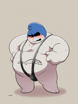 anthro belly belly_mouth blush bodily_fluids bulge clothed clothing embarrassed grey_background hood humiliation male overweight simple_background skimpy solo sweat tan_background aoi_k3 deltarune undertale_(series) king_spade darkner humanoid 3:4 absurd_res hi_res