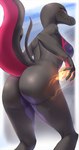 abstract_background anthro big_butt black_body black_scales breasts butt butt_focus chest_markings eyelashes featureless_breasts female fire looking_back markings multicolored_body pink_body pink_scales purple_body purple_scales purple_sclera scales solo kurage444 nintendo pokemon generation_7_pokemon pokemon_(species) reptile salazzle scalie 2021 hi_res portrait three-quarter_portrait