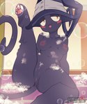 anthro biped blush clothing detailed_background female fur genitals hat hat_only headgear headgear_only headwear headwear_only mostly_nude open_mouth open_smile orange_eyes pawpads pupils purple_body purple_fur purple_tail pussy raised_leg smile solo tail tongue mochii_tiger soul_eater blair_(soul_eater) domestic_cat felid feline felis mammal absurd_res hi_res