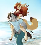 anthro beach big_breasts big_ears black_hair blaze_(marking) blue_eyes bottomwear breasts carrying_another claws cleavage clothed clothing duo eyes_closed facial_markings female flannel flannel_shirt floofy_tail fluffy fur grey_body grey_fur hair hair_sway head_markings highlights_(coloring) hotpants inner_ear_fluff long_tail looking_back looking_up male male/female markings open_mouth orange_hair pants pawpads paws piggyback red_highlights sand sea shirt shorts smile standing tail tied_shirt topwear tuft walking water ais05 crimson_storm emi_(fentastic) canid canine equid equine fennec_fox fox horse mammal true_fox