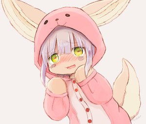ambiguous_anthro ambiguous_gender anthro arms_bent bangs blush blush_lines button_(fastener) clothed clothed_ambiguous clothed_anthro clothing cute_fangs eyebrow_through_hair eyebrows fangs featureless_hands front_view fur glistening glistening_eyes hair hood horizontal_pupils inner_ear_fluff leaning leaning_forward looking_at_viewer nervous nervous_smile onesie open_mouth open_smile pink_mouth pink_onesie pupils simple_background smile smiling_at_viewer solo tail tan_background tan_body tan_ears tan_fur tan_tail teeth text translucent translucent_hair tuft whisker_spots whiskers white_hair white_sclera yellow_eyes young young_ambiguous young_anthro fuyaho made_in_abyss nanachi lagomorph leporid mammal narehate rabbit 2024 artist_name digital_drawing_(artwork) digital_media_(artwork) half-length_portrait handwritten_text hi_res japanese_description portrait