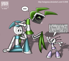 1_eye 3_legs antennae_(anatomy) binary_code blue_body confusion copyright_symbol green_body group laugh machine metallic_body midriff navel not_furry number pigtails purple_body simple_background speech_bubble standing symbol text thick_calves thin_calves thin_legs thin_thighs trio unusual_navel white_body year raingrass my_life_as_a_teenage_robot nickelodeon jenny_wakeman xj-3 xj-6 android humanoid robot robot_humanoid 2008 digital_media_(artwork) url sibling_(lore) sister_(lore) sisters_(lore)