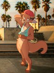 anthro backwards_hat bottomless brown_ears brown_eyes clothed clothing clothing_lift fur hand_on_belly hat headgear headwear male palm_tree plant raised_clothing raised_shirt raised_topwear real red_clothing red_hat red_headwear shirt shirt_lift sidewalk solo tan_body tan_fur tank_top text topwear tree imkrisyim vtuber chester_the_otter mammal mustelid otter english_text hi_res