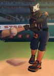 action_pose anthro baseball baseball_bat baseball_uniform bat_(object) black_body black_fur clothing dirt footwear fur grass male plant pose shoes solo sportswear stadium uniform white_body white_fur unknown_artist azki_(azki_wolf) canid canine canis mammal wolf absurd_res hi_res