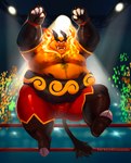 anthro belly big_belly black_body bodily_fluids fighting_ring fire male nipples obese obese_male orange_body overweight overweight_anthro overweight_male red_body solo sweat shibadoodles nintendo pokemon emboar generation_5_pokemon pokemon_(species) 2022 hi_res