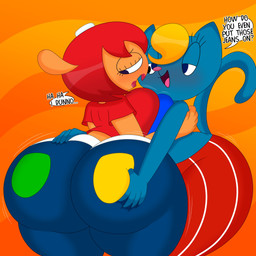 anthro big_breasts big_butt blonde_hair blue_body blue_eyes blue_fur bottomwear bouncing_breasts bouncing_butt breast_jiggle breast_squish breasts breasts_frottage brown_body brown_fur bubble_butt butt butt_grab butt_jiggle butt_squish clothing crop_top curvy_figure denim denim_bottomwear denim_clothing dialogue duo eyelashes female female/female fingers fur grope hair hand_on_butt hoen hourglass_figure hug huge_breasts huge_butt jeans jiggling lipstick long_tail looking_back makeup midriff motion_lines open_mouth pants red_hair red_lipstick shirt short_hair simple_background small_waist smile squish tail text thick_thighs thigh_jiggle tongue topwear wide_hips 3barts parappa_the_rapper sony_corporation sony_interactive_entertainment um_jammer_lammy katy_kat lammy_lamb bovid caprine domestic_cat felid feline felis mammal sheep 2023 absurd_res digital_drawing_(artwork) digital_media_(artwork) english_text hi_res