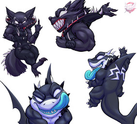 3_toes 4_fingers anthro black_body black_bodysuit black_clothing black_skinsuit blue_tongue bodysuit clothing collar duo feet feral fingers gesture hand_gesture looking_at_viewer male middle_finger muscular sharp_teeth skinsuit spiked_collar spiked_tail spikes spikes_(anatomy) tail teeth tight_clothing toes tongue venomized white_body white_eyes fennephilim_fox guardians_of_the_galaxy marvel marvel_rivals jeff_the_land_shark rocket_raccoon venom_raccoon fish mammal marine procyonid raccoon shark symbiote hi_res