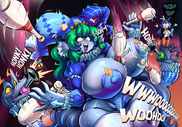 anthro big_breasts blue_body blue_hair blue_skin bodily_fluids bowling_pin breasts bulb_horn clothing duo ear_fins exposed_areola female female/female fin fool's_hat glowing glowing_markings green_eyes hair hat head_tentacles headgear headwear huge_breasts jester_outfit leotard markings multi_head red_eyes sharp_teeth speech_bubble sweat sweatdrop teal_hair teeth tentacles text top_hat yellow_eyes perroazul kath'ool_(deathwing_vt) animal_humanoid aquatic aquatic_humanoid cephalopod cephalopod_humanoid humanoid mollusk mollusk_humanoid scylla hi_res