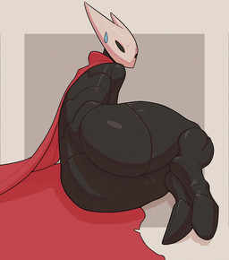 2_horns ambiguous_gender biped black_body bodily_fluids butt clothing empty_eyes horn looking_back lying on_side red_clothing solo sweat sweatdrop galileogb_(artist) hollow_knight_(franchise) team_cherry hornet_(hollow_knight) animal_humanoid arthropod arthropod_humanoid humanoid 2026 hi_res female_(lore)