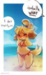 anthro beach blush bodily_fluids clothing crotchless_clothing crotchless_swimwear day detailed_background dialogue embarrassed female hand_on_face navel outside pixelated sea solo speech_bubble sweat swimwear text two-piece_swimsuit water panken animal_crossing nintendo isabelle_(animal_crossing) canid canine canis domestic_dog mammal shih_tzu toy_dog 2019 censored english_text