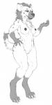 anthro black_nipples breasts chest_tuft claws digitigrade female fur genitals gnoll gnollbard hi_res hyena mammal monochrome nipples pussy shycryptid smile solo spots spotted_hyena teeth tuft wide_hips