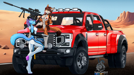 4_toes 5_fingers abdominal_scar abs anthro arm_scar athletic athletic_anthro athletic_female barrett_m82 biceps big_breasts black_claws black_clothing black_collar black_hat black_headwear black_lips black_makeup black_markings black_sclera blue_body blue_fur breast_scar breasts brown_body brown_fur brown_markings butt car cheek_tuft claws clitoris clothing collar collar_only cowboy_hat day desert detailed_background digitigrade duo ear_piercing erect_nipples eyebrow_piercing eyebrows eyelashes facial_piercing facial_tuft feet female female/female female_anthro fingers fluffy fluffy_tail fur furgonomic_piercing furgonomics genitals gesture gun hair hand_gesture hand_on_leg handgun hat hat_only headgear headgear_only headwear headwear_only holding_object holding_weapon humanoid_genitalia humanoid_vulva inner_ear_fluff inner_labia leg_scar lips long_hair looking_at_viewer looking_back makeup markings middle_finger mostly_nude mostly_nude_anthro mostly_nude_female muscular muscular_arms muscular_thighs muzzle_piercing navel navel_piercing nipple_piercing nipples nose_piercing nude nude_anthro nude_female on_one_leg orange_body orange_fur outside pawpads paws piercing pink_eyes pink_inner_ear pink_nipples pink_nose pink_pawpads pink_tongue pink_vulva ponytail pose proboscis_(anatomy) purple_nipples purple_nose ranged_weapon red_eyes red_hair revolver rifle road scar scope shoulder_scar sitting small_waist smile smiling_at_viewer sniper_rifle spiked_collar spikes standing sunny tail tail_motion teeth thigh_scar toes toned_female tongue tongue_out truck tuft vehicle vulva weapon white_body white_fur white_inner_ear_fluff white_markings white_sclera wide_hipped_anthro wide_hipped_female wide_hips snaketeeth12 ford ford_super_duty mythology loona_darkfox_(loona_darkness) zero_(loona_darkness) canid canid_demon canine canis demon fox hellhound hybrid mammal mythological_canine mythological_creature wolf 16:9 2025 4k absurd_res hi_res pinup widescreen