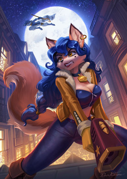 anthro belt blue_hair bottomwear breasts brown_eyes city clenched_teeth clothing collar dipstick_ears duo ear_markings ear_piercing ear_ring eyebrows eyelashes female female_focus full_moon fur gloves gun hair handgun handwear inner_ear_fluff jacket lipstick makeup male midriff mole_under_eye moon multicolored_ears outside pants piercing pistol ranged_weapon ring_piercing tan_body tan_fur teeth topwear tuft weapon dankitsune sly_cooper_(series) sony_corporation sony_interactive_entertainment sucker_punch_productions carmelita_fox sly_cooper canid canine fox mammal procyonid raccoon 2025 hi_res