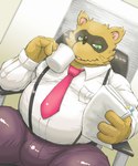 anthro belly beverage bottomwear brown_body brown_fur bulge chair clothing coffee detailed_background fur furniture green_eyes inside kemono male necktie overweight overweight_anthro overweight_male pants shirt sitting solo topwear rockmai3 sengoku_puzzle tokugawa_ieyasu canid canine mammal raccoon_dog tanuki 2021 hi_res