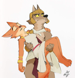 anthro arm_around_partner arm_around_shoulder bottomwear boyfriend/girlfriend canon_couple carrying_person clothing duo eyebrow_piercing eyes_closed facial_piercing female gold_(metal) gold_jewelry headgear jewelry loincloth male male/female piercing roman tuft foxink dreamworks the_bad_guys diane_foxington mr._wolf_(the_bad_guys) canid canine canis fox mammal wolf hi_res