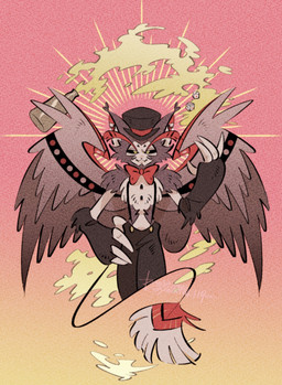 anthro clothed clothing dice feathered_wings feathers hat headgear headwear male solo suspenders tail top_hat wings yasutak1192 hazbin_hotel hellaverse husk_(hazbin_hotel) demon domestic_cat felid feline felis mammal hi_res