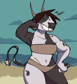anthro beach clothing cutaway expression_cutaway eyes_closed female flexing flexing_bicep multicolored_body navel outside pose sky smile solo swimwear tail text two-piece_swimsuit xarop77 macbeth_(xarop77) bovid bovine cattle mammal 2023 digital_drawing_(artwork) digital_media_(artwork) english_text