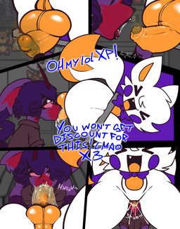anthro antlers balls big_butt bodily_fluids bow_tie butt clothing cum cum_drip dialogue dipstick_tail dripping duo ejaculation fangs fellatio fur fur_tuft genital_fluids genitals hair holding_penis horn lipstick_on_penis looking_pleasured makeup male male/male markings onomatopoeia oral orange_body orange_penis orange_tongue penile penis perineum purple_background purple_body purple_cheeks purple_clothing purple_hair red_antlers red_body red_eyes saliva saliva_drip saliva_on_penis saliva_string sex shirt simple_background simple_coloring smegma smegma_on_penis smelly smile sound_effects tail tail_markings teeth text tongue topwear tuft white_body white_eyes white_fur aujko five_nights_at_freddy's five_nights_at_freddy's_world five_nights_at_frickbear's five_nights_at_frickbear's_(series) five_nights_at_frickbear's_3 scottgames lolbit_(fnaf) lolbit_(frickbear's) lyg_(aujko) deer mammal new_world_deer pudu 2026 comic digital_media_(artwork) english_text hi_res