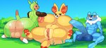 anthro balls big_balls big_breasts big_butt blue_body blush bodily_fluids breasts butt female genital_fluids genitals green_body group huge_breasts hyper hyper_breasts male nipples nude open_mouth penis pussy simple_background tail trio yellow_body mertvykhcrows nintendo pokemon amphibian canid canine chespin eulipotyphlan fennekin fox froakie frog generation_6_pokemon hedgehog mammal pokemon_(species) digital_media_(artwork) hi_res pixel_(artwork)