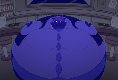 afterimage anthro antlers bar bar_stool beer_tap blue_body blue_fur blue_hair blueberry_inflation bodily_fluids body_inflation button_(fastener) clothed clothing container cup detailed_background drinking_glass flapping_hands flying_sweatdrops fur furniture glass glass_container glass_cup hair horn inflation inside male mirror moobs motion_lines necktie overweight overweight_anthro overweight_male poster solo spherical_inflation stool straining_buttons sweat sweatdrop swollen_cheeks text tight_clothing swatchfodder deer mammal english_text hi_res